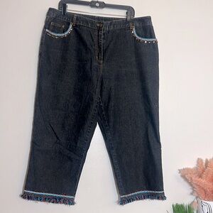 Ruby Rd Beaded Fringe Washed Black Denim Jeans Capris 16W
